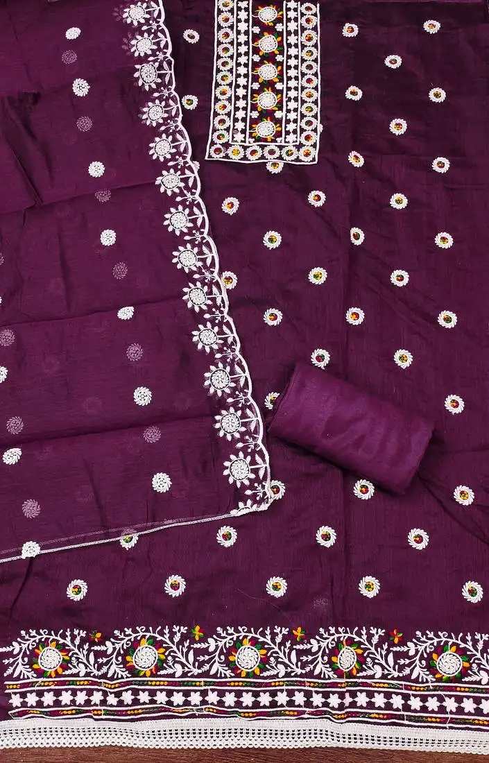 Women's voilet unstitched heavy thread embroidery chanderi cotton dress material (cp9096vlt)