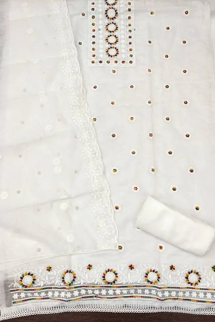 Women's white unstitched heavy thread embroidery chanderi cotton dress material (cp9096wht)