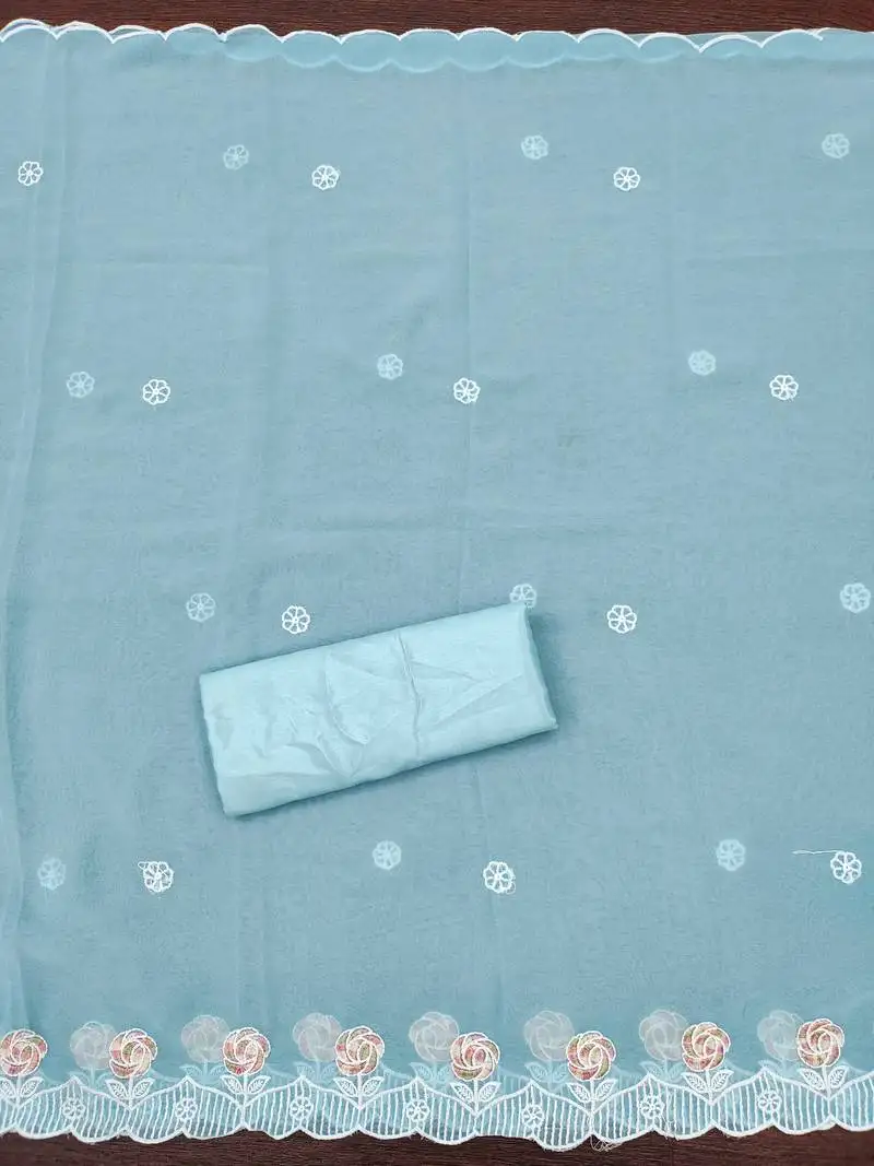 Women's sky blue unstitched heavy thread embroidery georgette dress material (cp9097sbl)