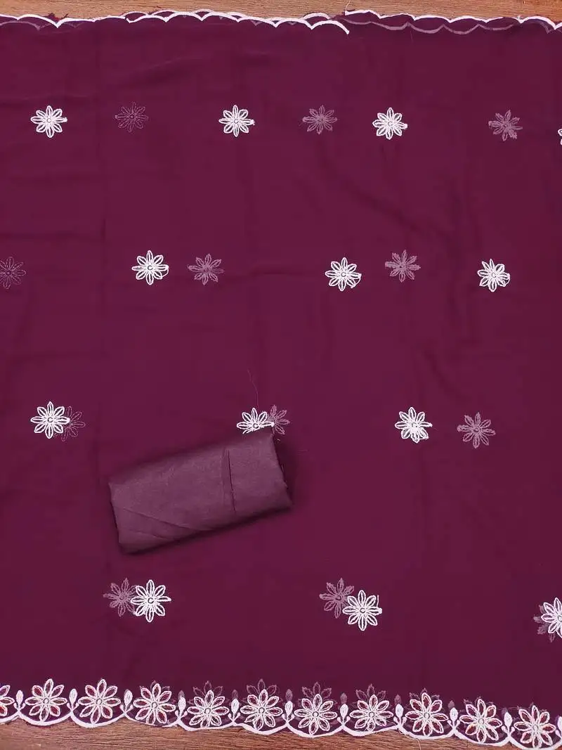 Women's purple unstitched heavy thread embroidery georgette dress material (cp9098ppl)