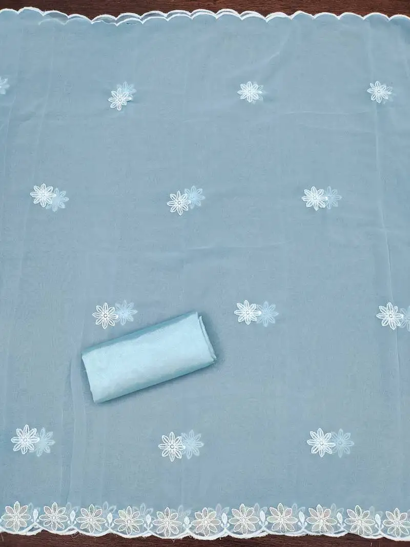 Women's sky blue unstitched heavy thread embroidery georgette dress material (cp9098sbl)