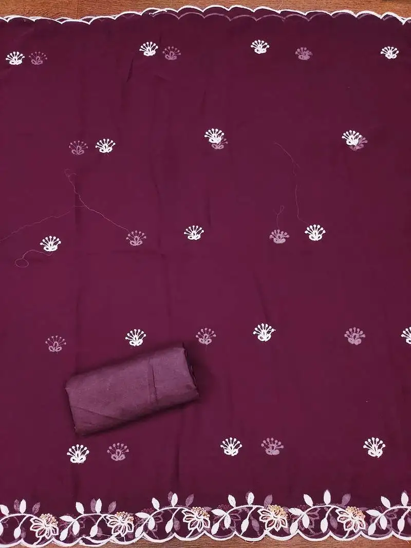 Women's purple unstitched heavy thread embroidery georgette dress material (cp9099ppl)