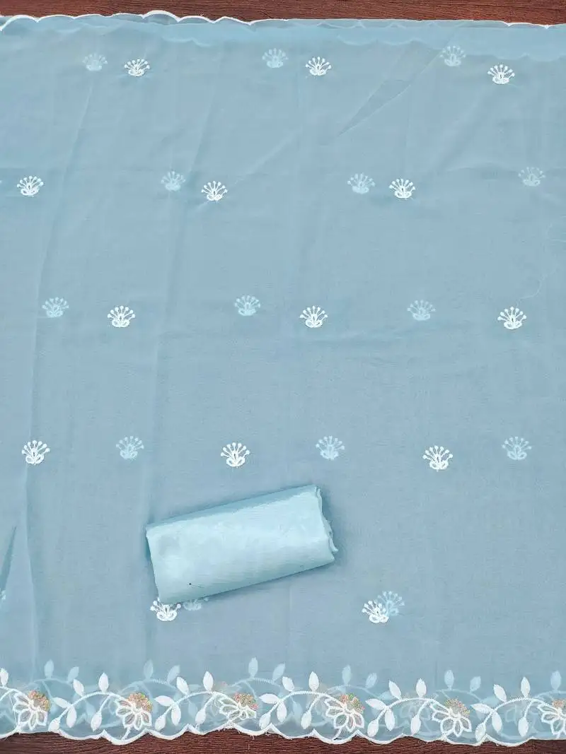 Women's sky blue unstitched heavy thread embroidery georgette dress material (cp9099sbl)