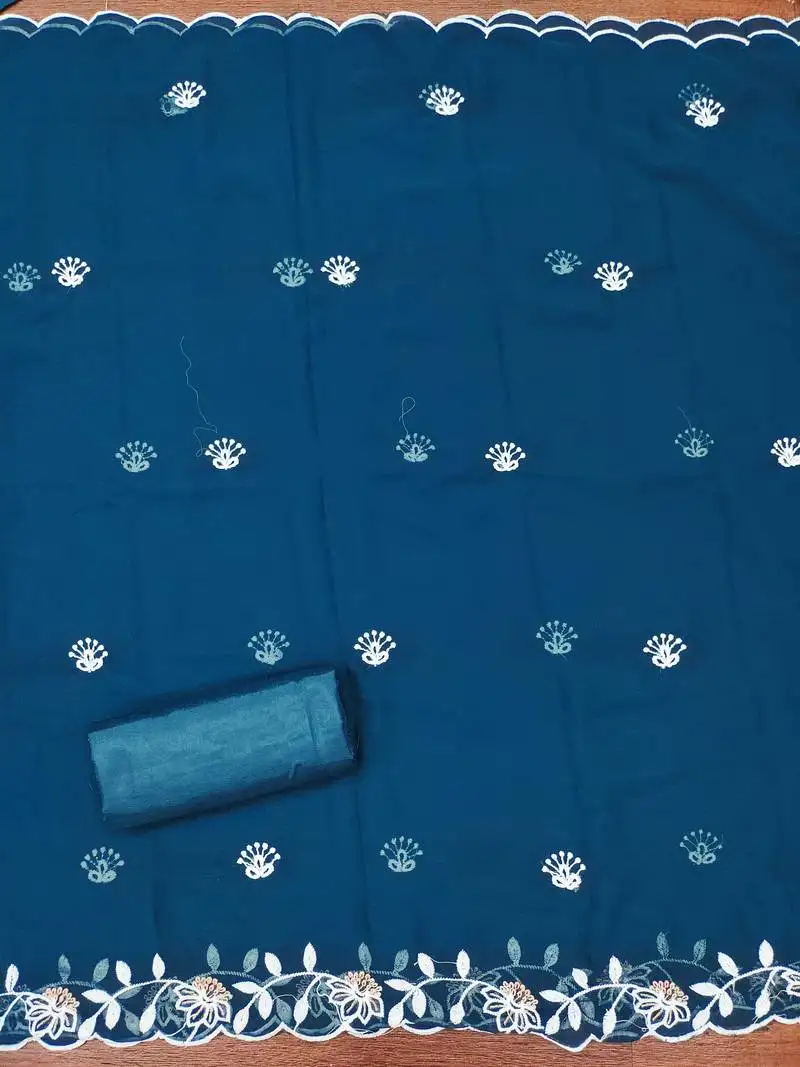 Women's teal blue unstitched heavy thread embroidery georgette dress material (cp9099tbl)