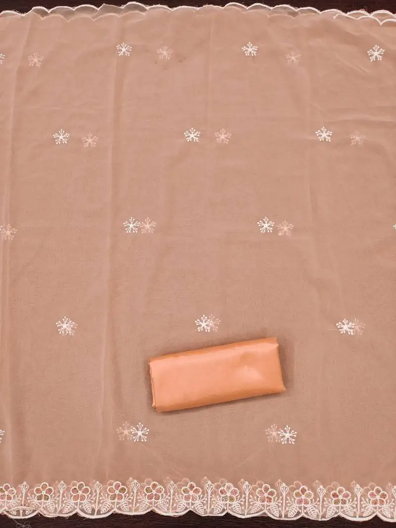 Women's peach unstitched heavy thread embroidery georgette dress material (cp9100pch)