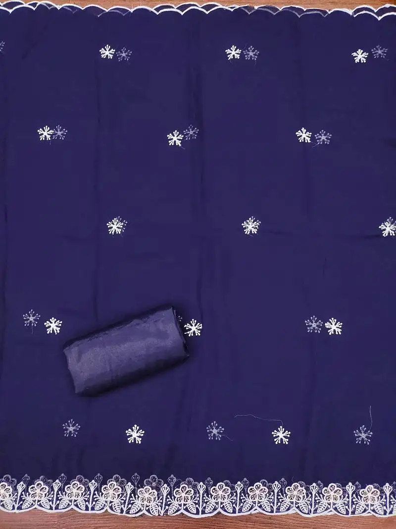 Women's royal blue unstitched heavy thread embroidery georgette dress material (cp9100rbl)