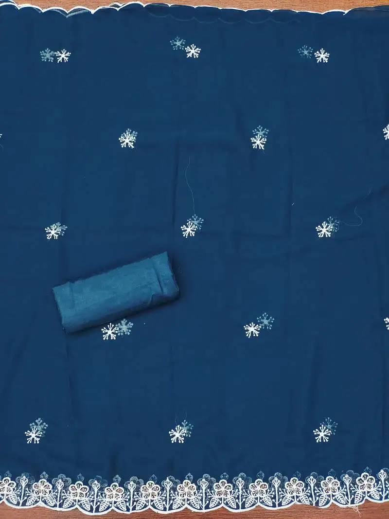 Women's teal blue unstitched heavy thread embroidery georgette dress material (cp9100tbl)