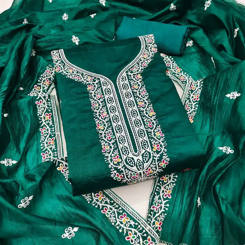 Women's green unstitched multi thread embroidery chanderi cotton dress material (in2006grn)
