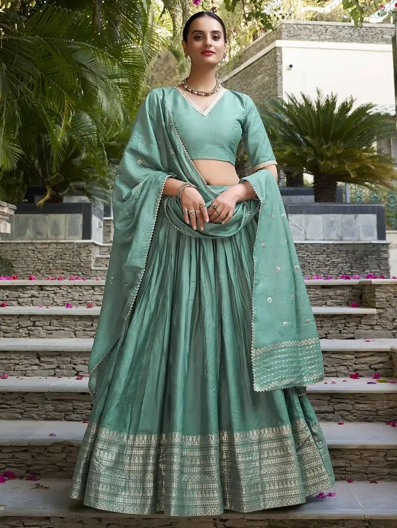 Sea green zari weaving chanderi silk lehenga choli