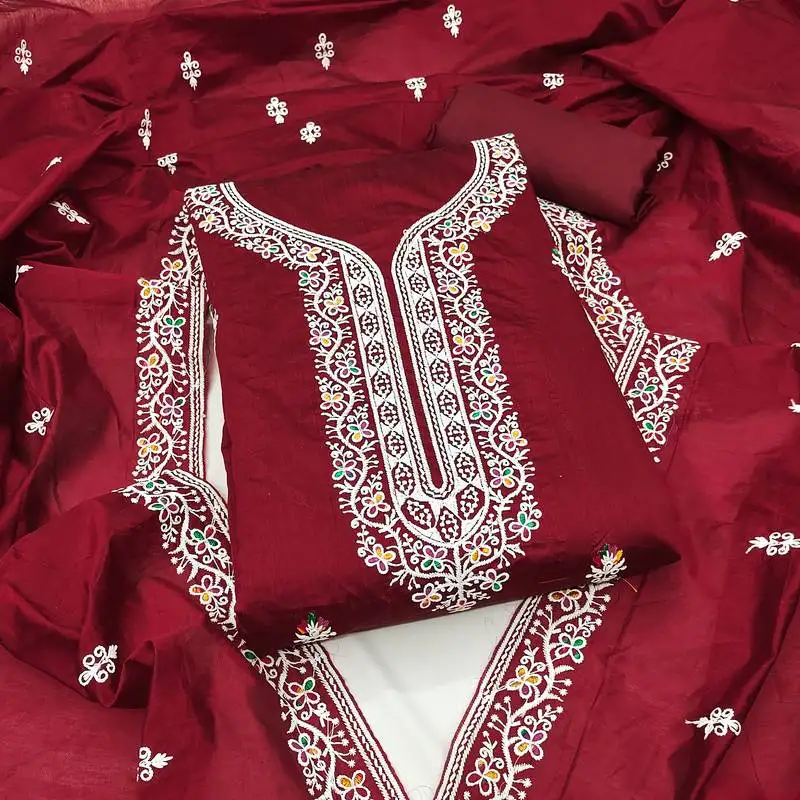 Women's maroon unstitched multi thread embroidery chanderi cotton dress material (in2006mrn)