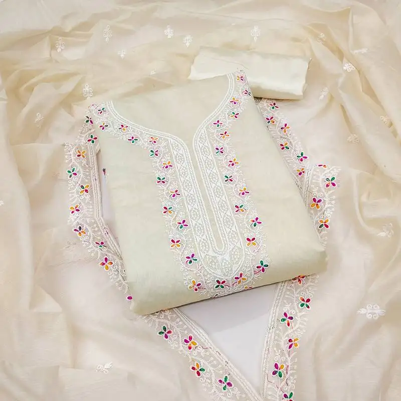 Women's white unstitched multi thread embroidery chanderi cotton dress material (in2006wht)