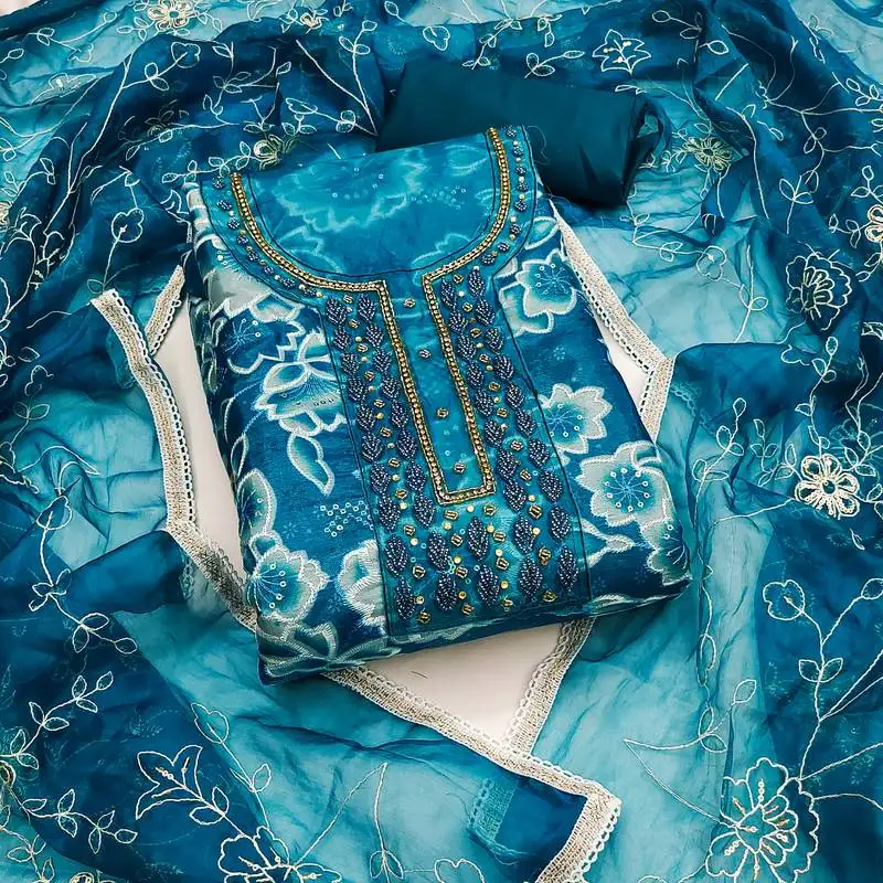 Women's multi unstitched sequence digital position print embroidery handwork organza dress material (msmfc11574a)