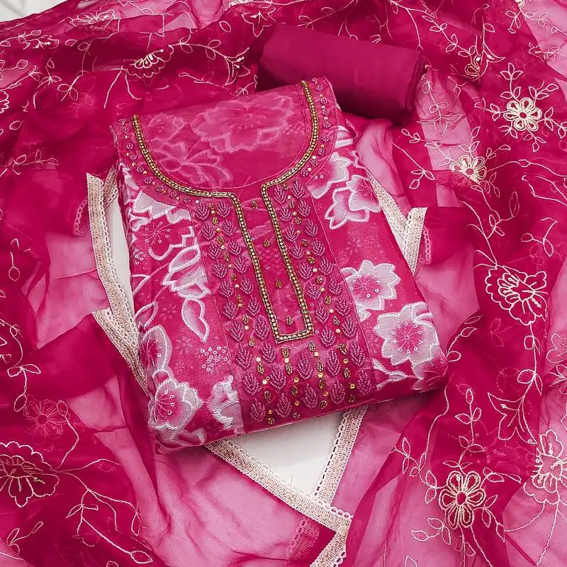 Women's multi unstitched sequence digital position print embroidery handwork organza dress material (msmfc11574b)