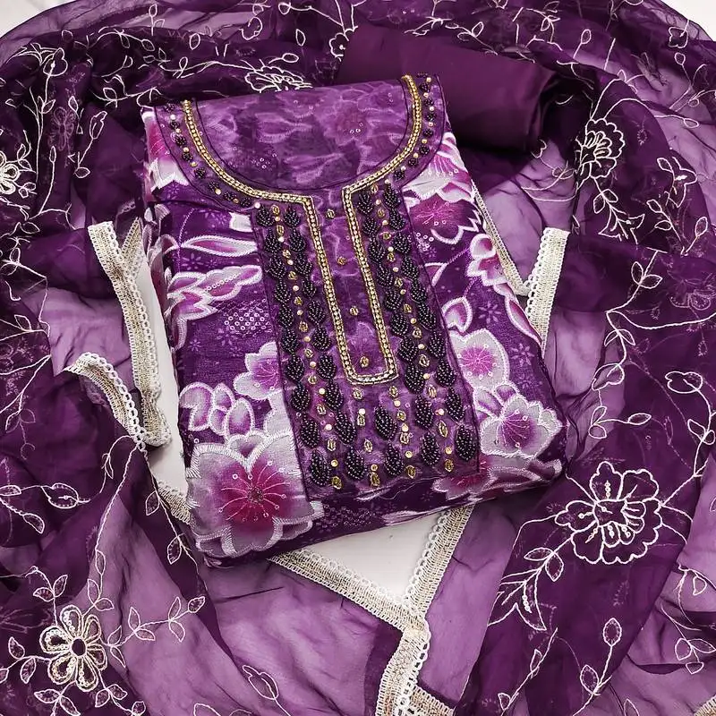 Women's multi unstitched sequence digital position print embroidery handwork organza dress material (msmfc11574c)