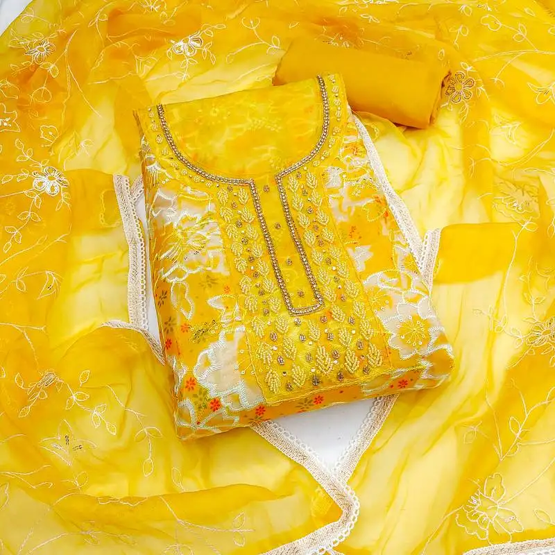 Women's multi unstitched sequence digital position print embroidery handwork organza dress material (msmfc11574d)