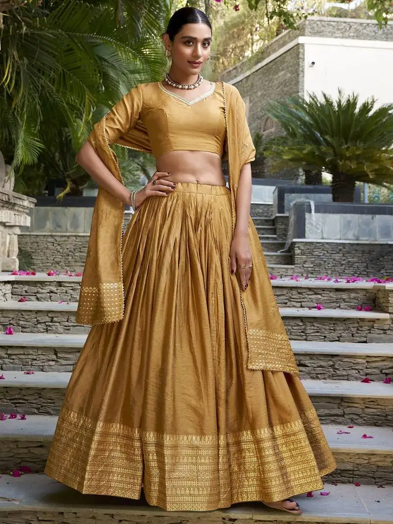 Mustard yellow zari weaving chanderi silk lehenga choli