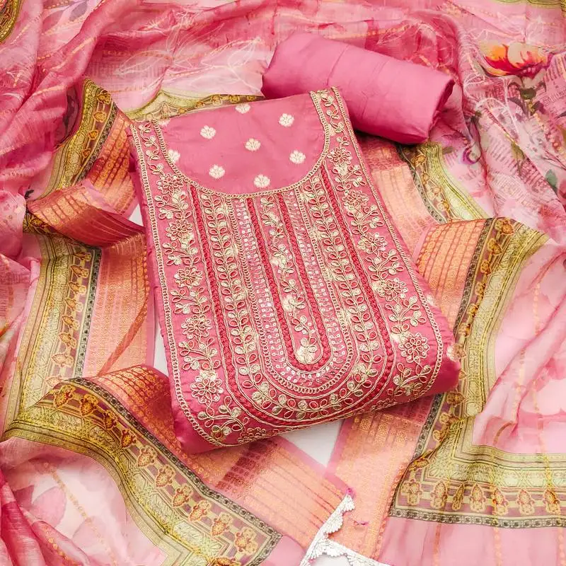 Women's pink unstitched weaving & handwork banarasi dress material (msmfc11575a)