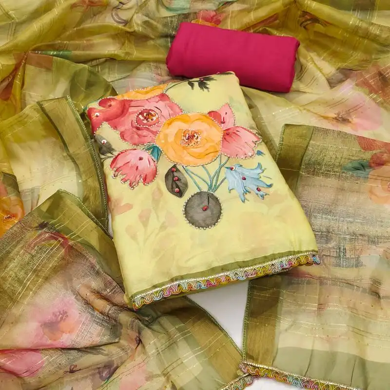 Women's light yellow unstitched digital print moti sequence handwork pure jaam cotton dress material (msmfc11576a)