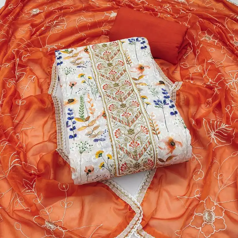 Women's multi unstitched thread embroidery digital print handwork pure cambric cotton dress material (msmfc11577a)