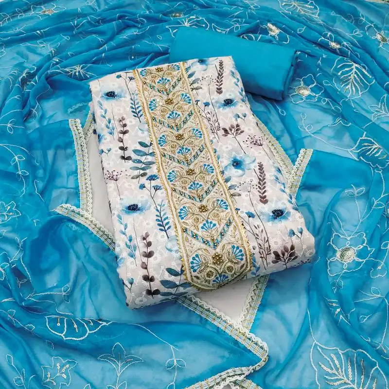 Women's multi unstitched thread embroidery digital print handwork pure cambric cotton dress material (msmfc11577b)