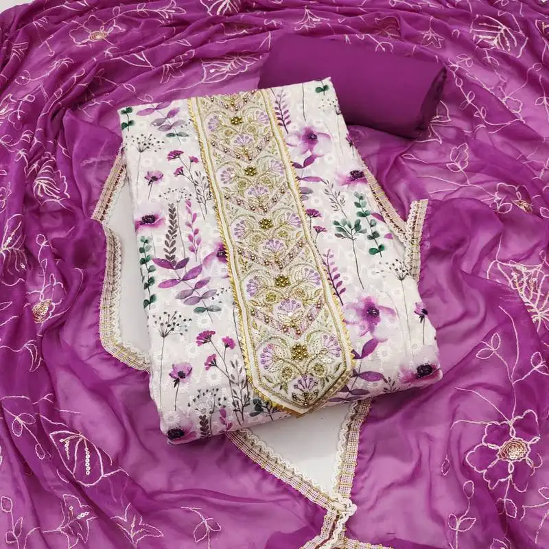 Women's multi unstitched thread embroidery digital print handwork pure cambric cotton dress material (msmfc11577c)