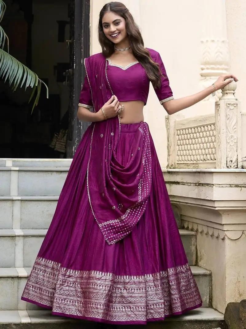 Wine zari weaving chanderi silk lehenga choli