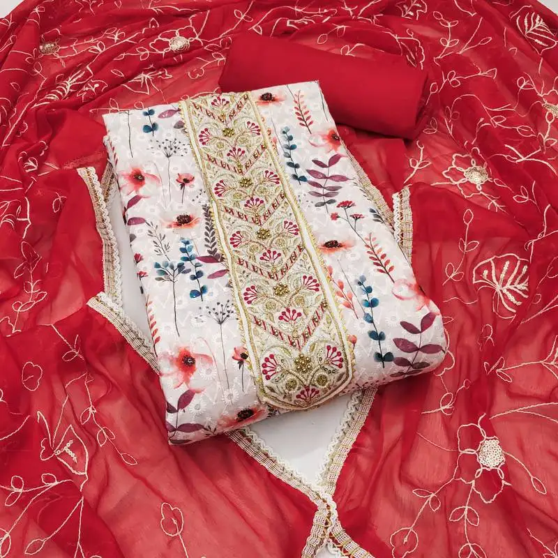 Women's multi unstitched thread embroidery digital print handwork pure cambric cotton dress material (msmfc11577d)