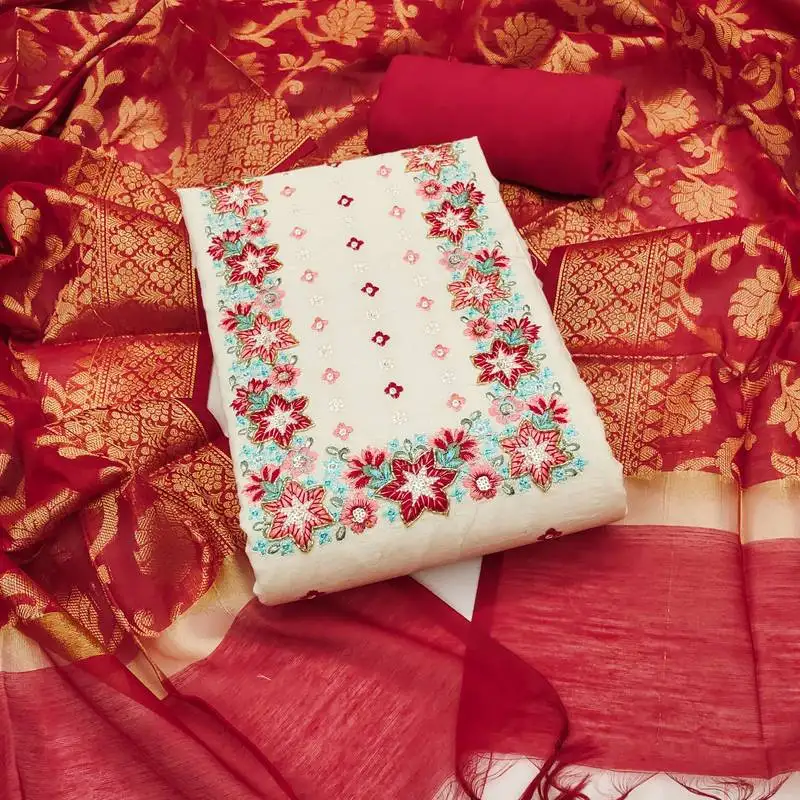 Women's off white unstitched thread embroidery & handwork pure cotton dress material (msmfc11578d)