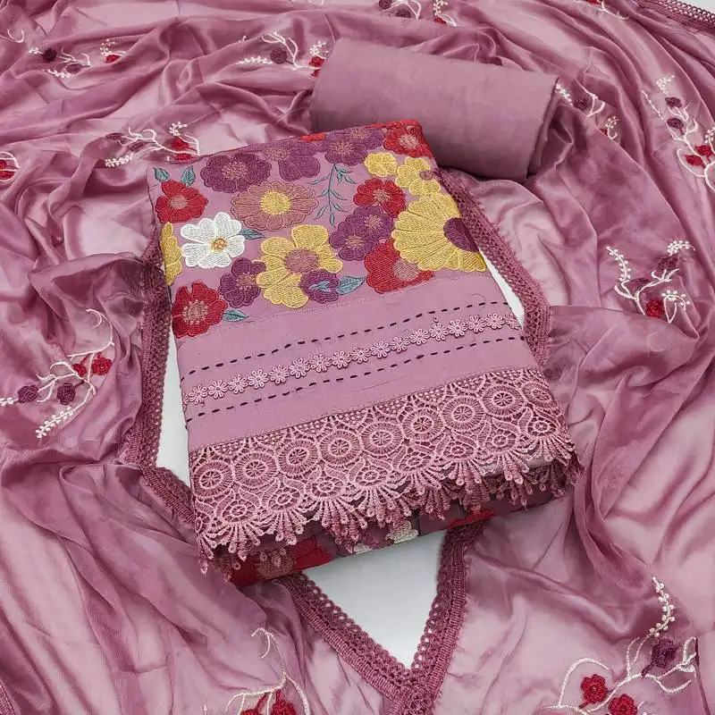 Women's levender pink unstitched thread embroidery premium roman cotton dress material (msmfc11580a)