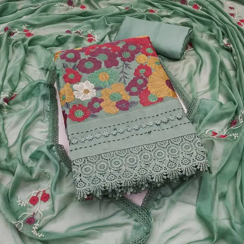 Women's sea green unstitched thread embroidery premium roman cotton dress material (msmfc11580b)