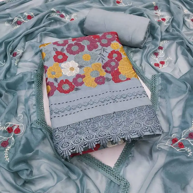 Women's grey unstitched thread embroidery premium roman cotton dress material (msmfc11580c)