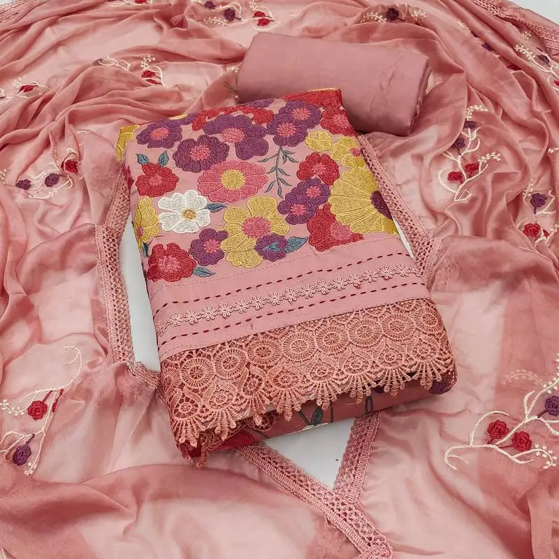 Women's peach unstitched thread embroidery premium roman cotton dress material (msmfc11580d)