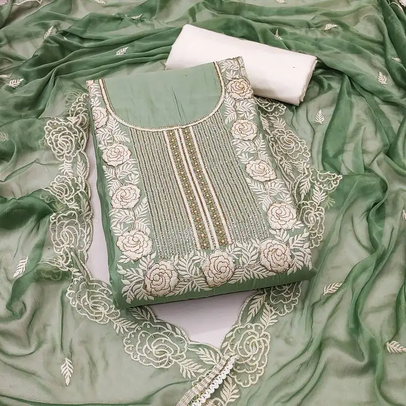 Women's light green unstitched thread handwork embroidery premium roman cotton dress material (msmfc11581a)