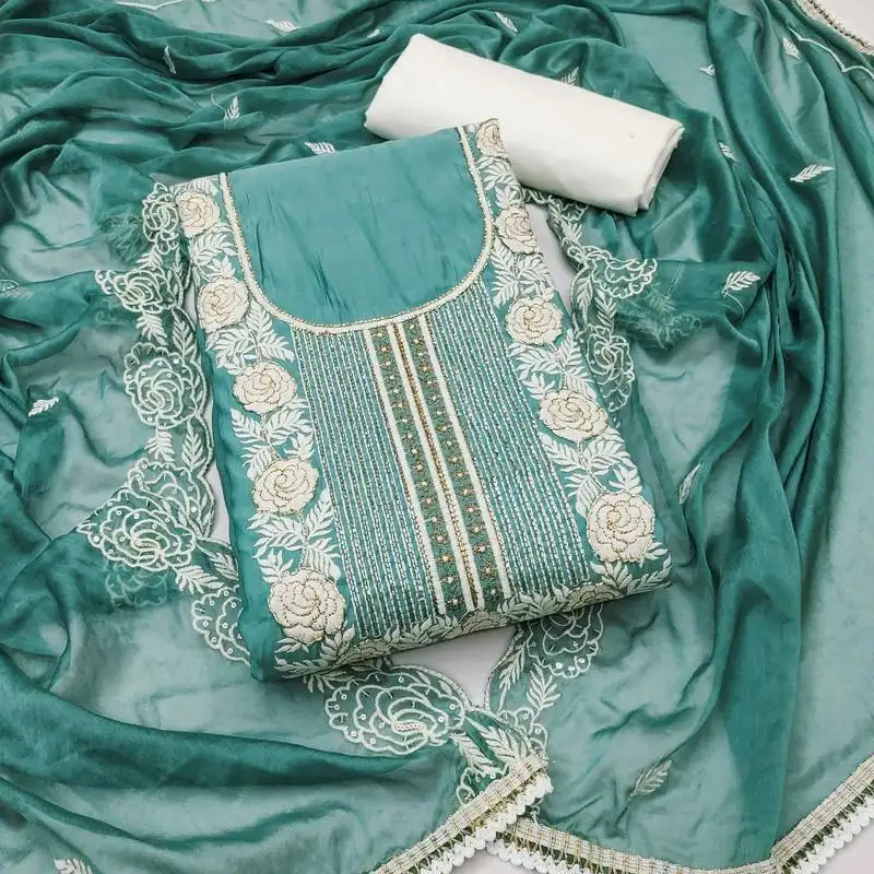 Women's sea green unstitched thread handwork embroidery premium roman cotton dress material (msmfc11581d)