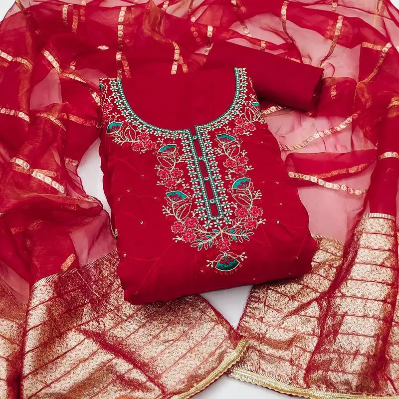 Women's maroon unstitched thread sequence zari embroidery fandy silk dress material (msmfc11582d)