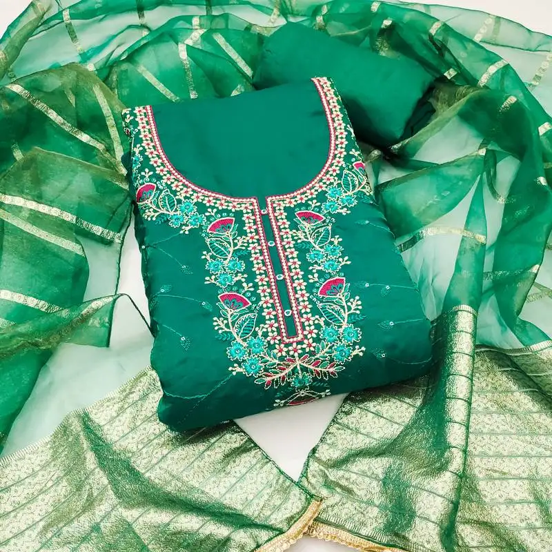 Women's sea green unstitched thread sequence zari embroidery fandy silk dress material (msmfc11582c)