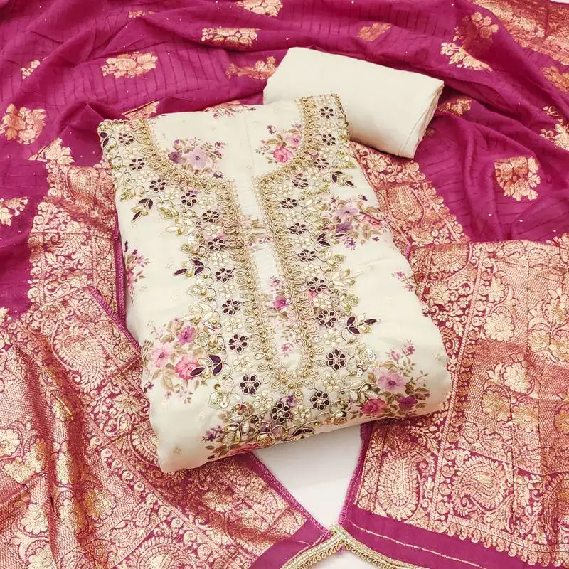 Women's off white unstitched weaving digital print handwork mal chanderi dress material (msmfc11583a)