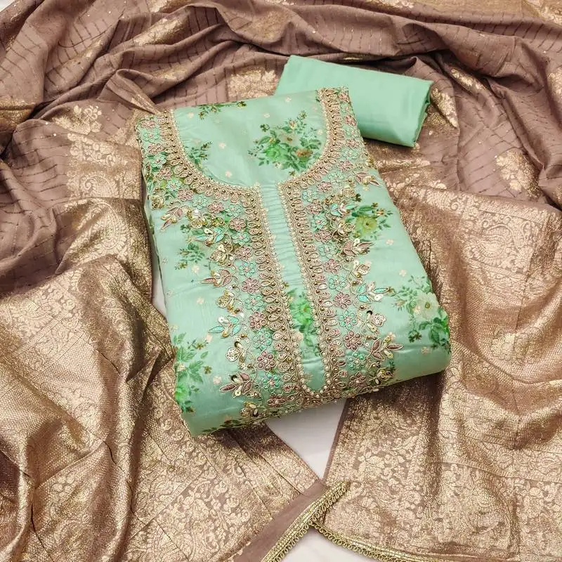 Women's light green unstitched weaving digital print handwork mal chanderi dress material (msmfc11583b)