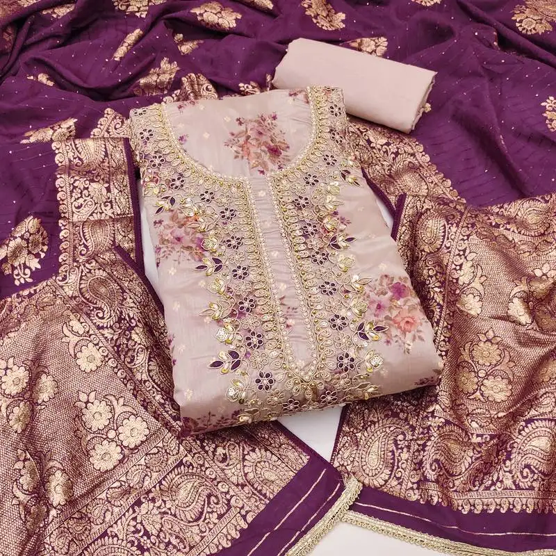 Women's grey unstitched weaving digital print handwork mal chanderi dress material (msmfc11583d)