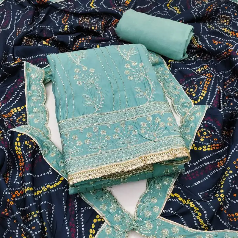 Women's sea green unstitched thread handwork embroidery premium roman cotton dress material (msmfc11584a)