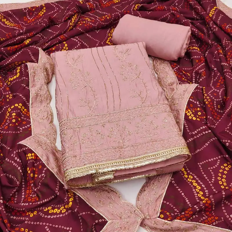 Women's peach unstitched thread handwork embroidery premium roman cotton dress material (msmfc11584b)