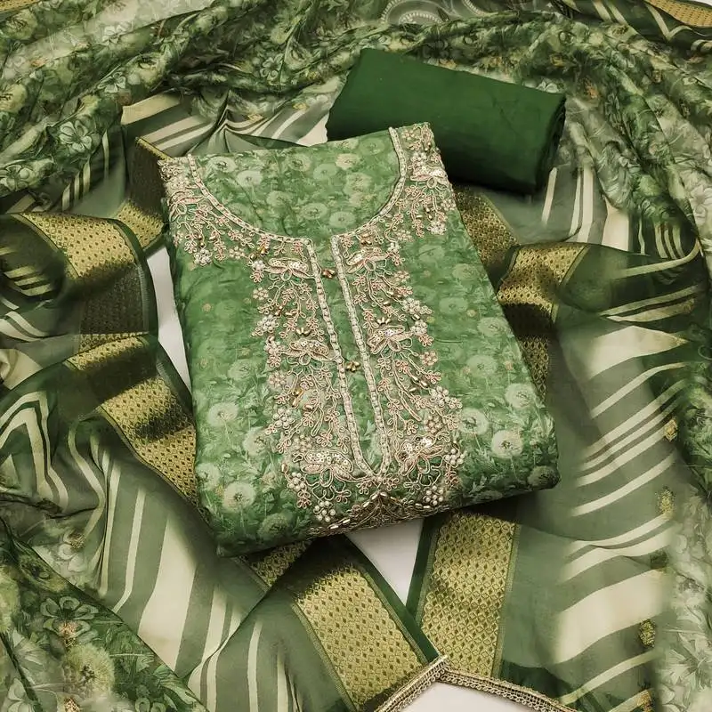 Women's light green unstitched weaving digital print handwork banarasi cotton dress material (msmfc11585a)