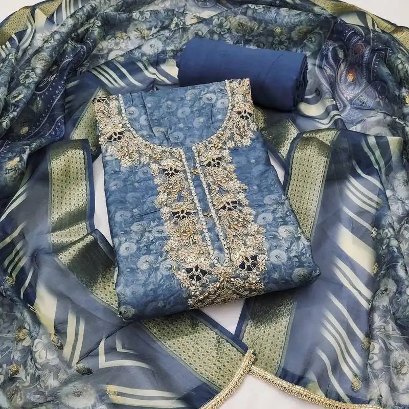 Women's steel blue unstitched weaving digital print handwork banarasi cotton dress material (msmfc11585b)