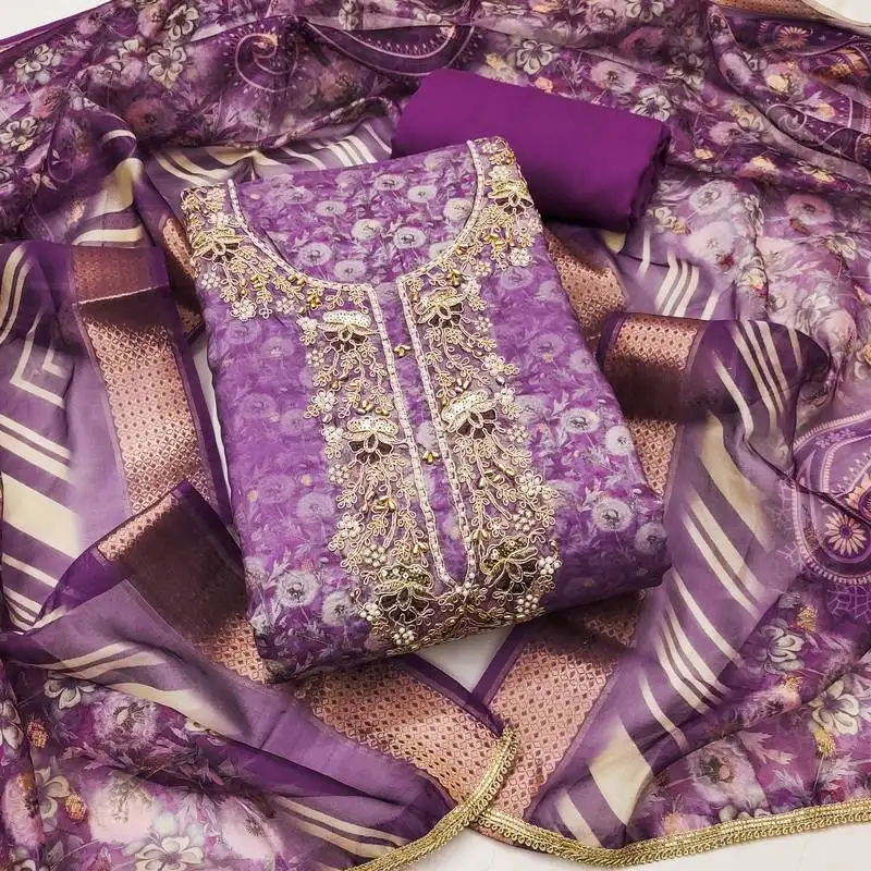 Women's purple unstitched weaving digital print handwork banarasi cotton dress material (msmfc11585c)