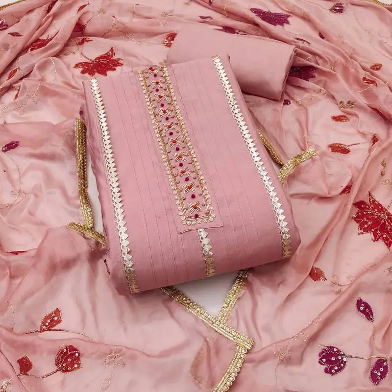 Women's peach unstitched handwork premium roman cotton dress material (msmfc11586a)