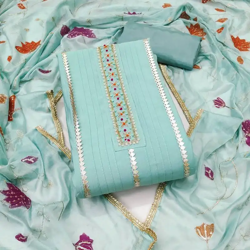 Women's sea green unstitched handwork premium roman cotton dress material (msmfc11586b)