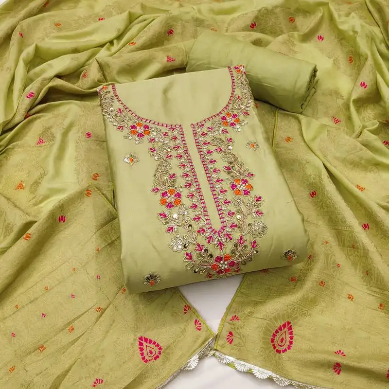 Women's light green unstitched handwork & woven jaam cotton dress material (msmfc11587a)