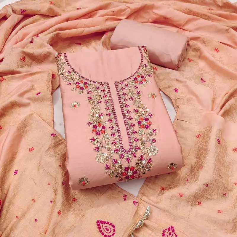 Women's peach unstitched handwork & woven jaam cotton dress material (msmfc11587b)