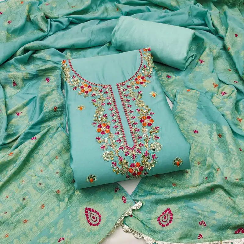 Women's sea green unstitched handwork & woven jaam cotton dress material (msmfc11587d)