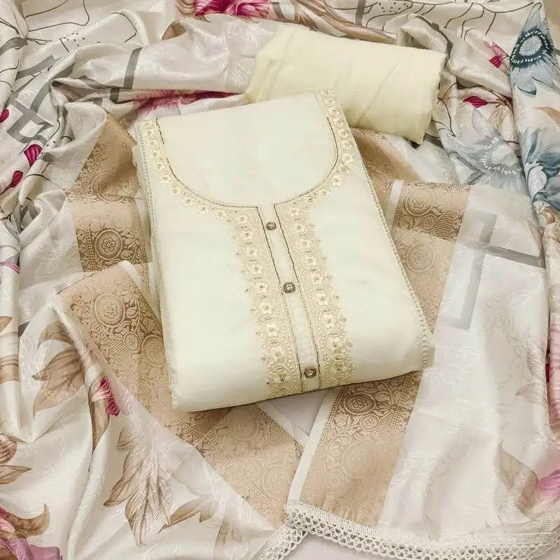 Women's white unstitched thread embroidery handwork glass organza dress material (msmfc11588a)